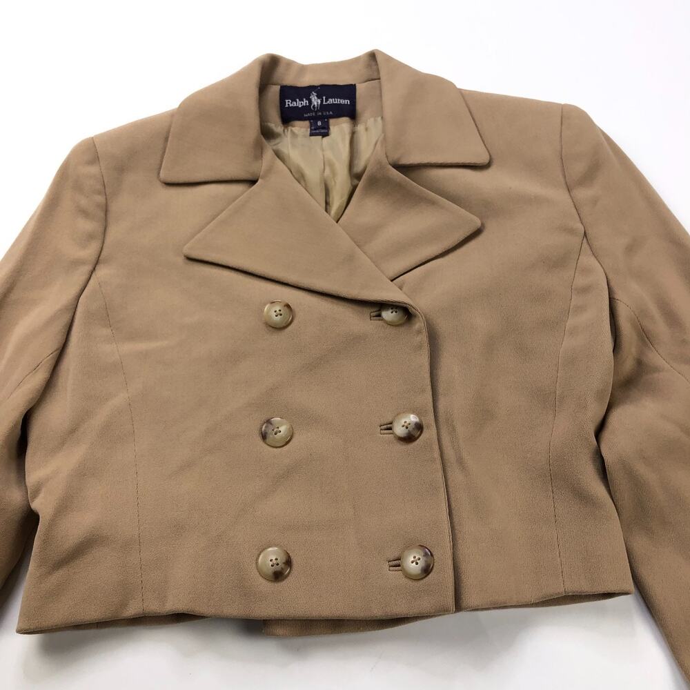 Ralph Lauren Purple Label Crop 100% Wool Size 8 Button Blazer Jacket Beige MINT - Picture 2 of 11